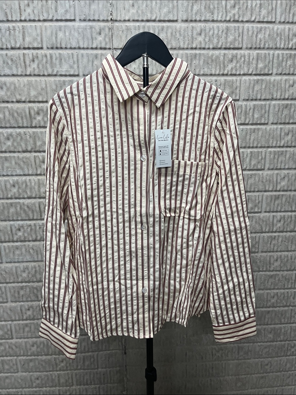 Cupshe Cream Button-Down Shirt with Burgundy Stripes